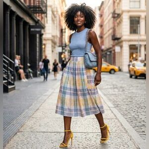 Vintage Villager A-Line Plaid Skirt in Blue and Yellow